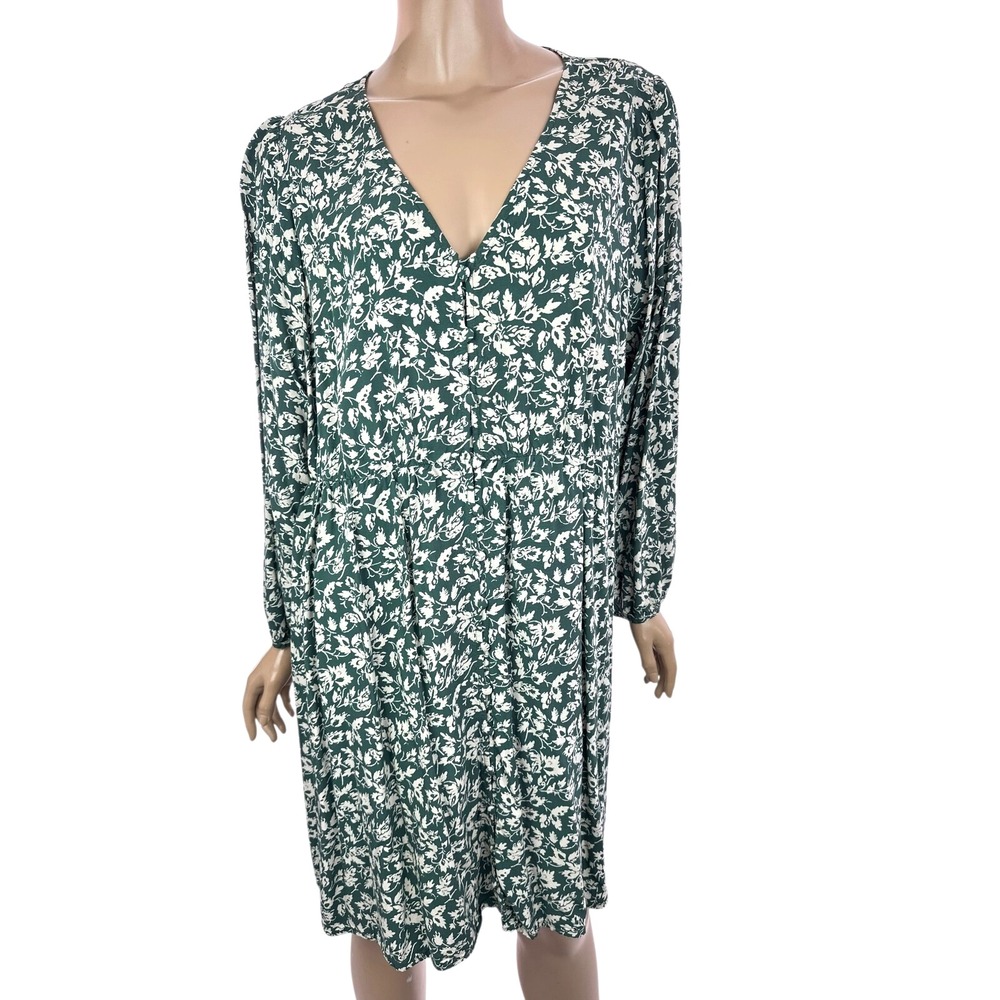 Madewell Green Floral V-Neck Long Sleeve Dress
